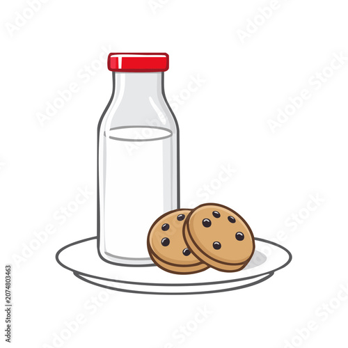 Milk bottle and chocolate chip cookies on a plate