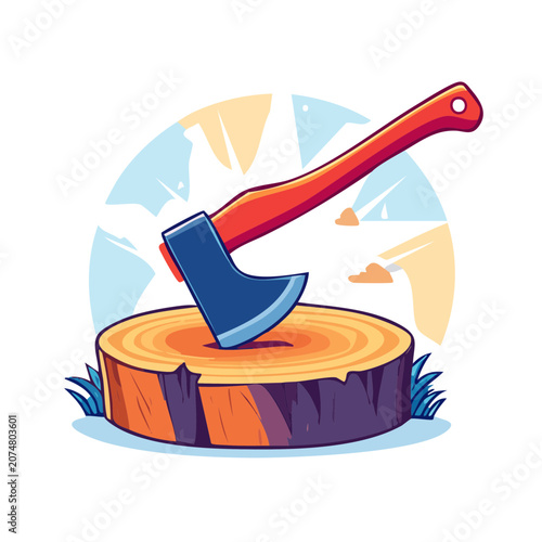 Axe on Wooden Stump Flat Vector Illustration