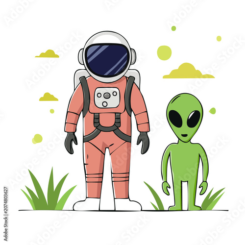 Cartoon astronaut and alien in flat vector style