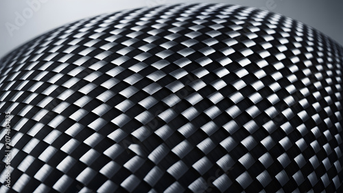 Close-up of a sleek black and silver carbon fiber dome with a shiny metallic surface and a blurred gray background for industrial design.