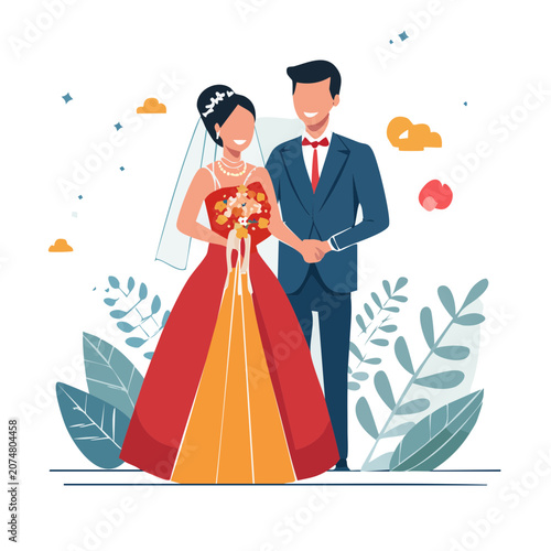 Flat vector illustration of bride and groom holding hands