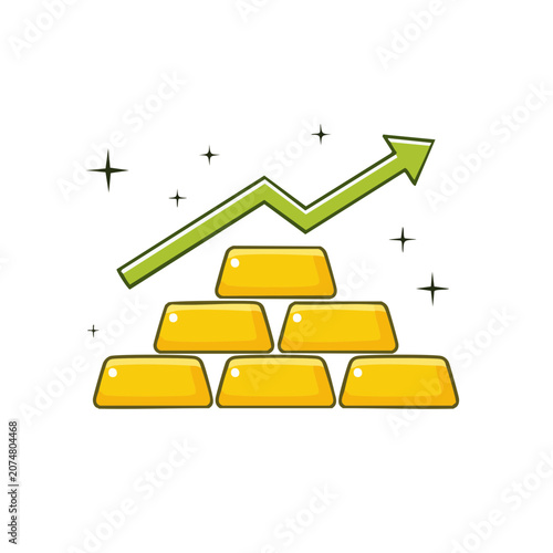 Gold bars pyramid with upward growth arrow vector illustration