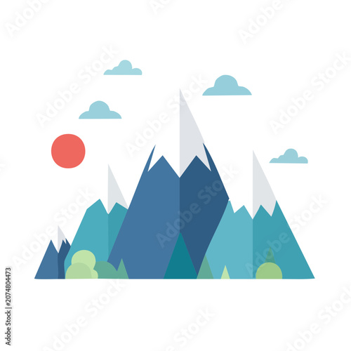 Flat vector illustration of mountain landscape with sun and clouds