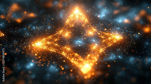 A glowing geometric diamond-like shape against a blurred cosmic background, with tiny sparkling particles
