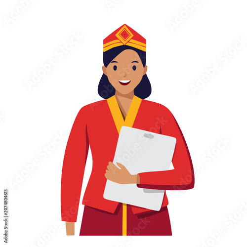Woman in traditional attire holding clipboard
