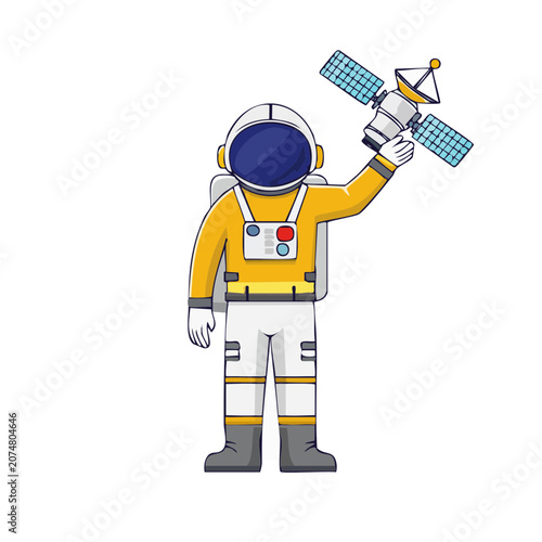 Astronaut in space suit holding satellite dish illustration