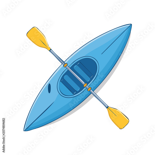 Blue kayak with yellow paddle flat vector illustration