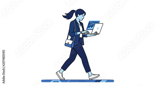 Professional businesswoman multitasking while walking with laptop in minimalist flat vector for digital nomad lifestyle