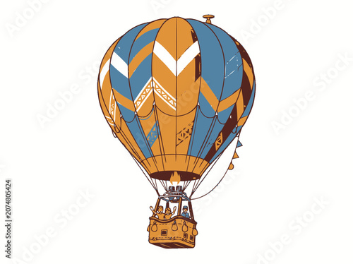 Vintage Hot Air Balloon with Travelers, Retro Adventure, Sky Travel