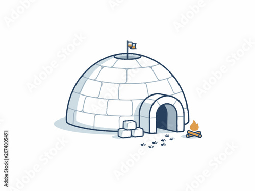 Cozy Igloo with Campfire and Paw Prints - Arctic Dwelling Illustration