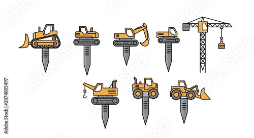 Yellow construction vehicles on nails.