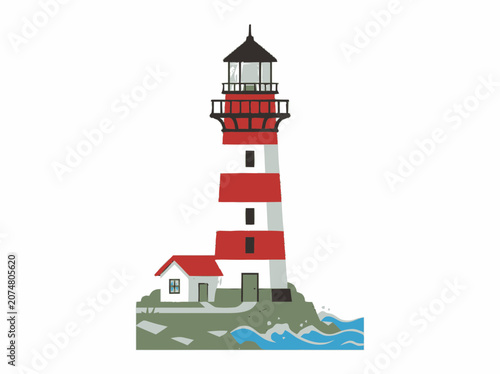 Coastal Lighthouse with Waves and Small House - Nautical Landmark Illustration