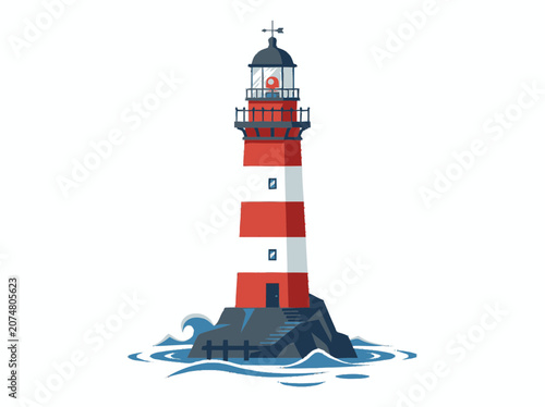 Red and White Striped Lighthouse on Rocky Island with Waves