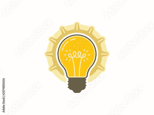 Bright idea light bulb icon with sun rays and gears, innovation concept