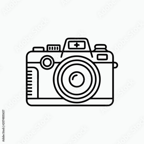 Minimalist line art illustration of a vintage camera, isolated on white background.
