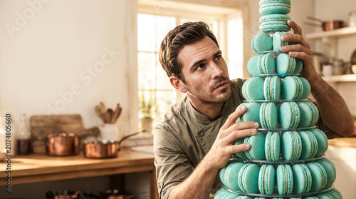 Man in chef's attire holds towering macaron structure. Warm kitchen light enhances delicate pastel hue. Focused expression shows pride in culinary creation. Perfect for food, luxury
