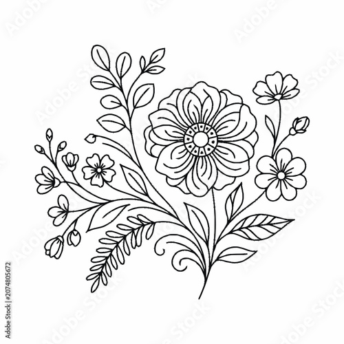 Elegant Floral Line Art: Delicate Flower Bouquet Illustration, Botanical Sketch