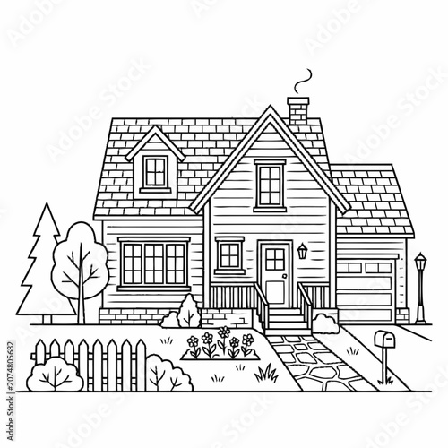 Charming Hand-Drawn Suburban House with Garden and Garage