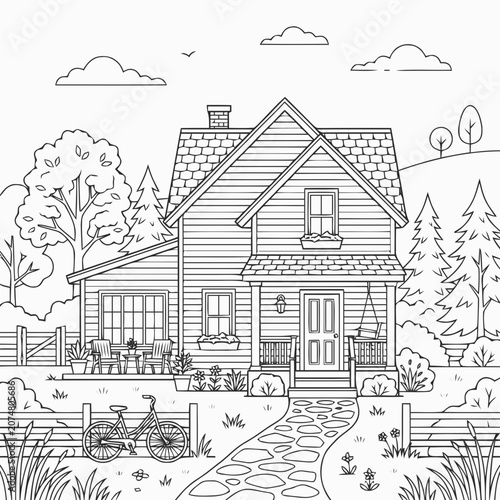 Cozy House Exterior with Bicycle and Garden, Outline Drawing