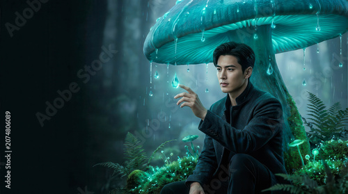 Man sits beneath glowing mushroom in enchanted forest. Raindrops fall gently around him, soft and serene. He reaches out, touching a floating, luminous droplet. Deep green ferns surround his quiet