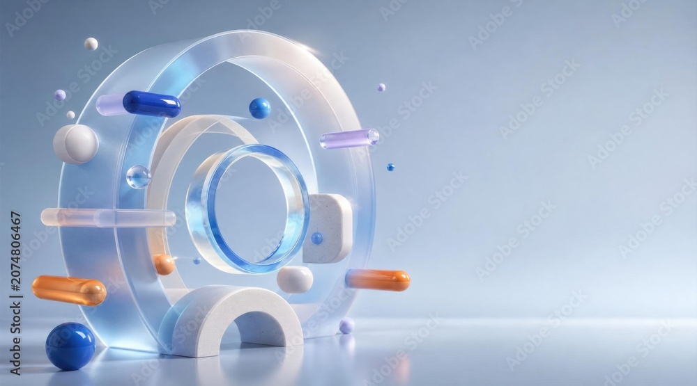 Fototapeta premium Circular abstract composition with geometric shapes and floating spheres, blue and orange accents