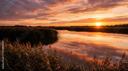 Reed beds at sunset, golden light on water, dramatic sky reflection, no people

