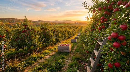 Apple orchard at harvest golden hour, red apples on trees, warm light, no people
