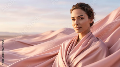 Soft pink fabric flows behind a serene woman. She gazes calmly, wrapped in gentle light. Distant hills frame the tranquil desert scene. Ideal for art, fashion, or dreamy editorial use