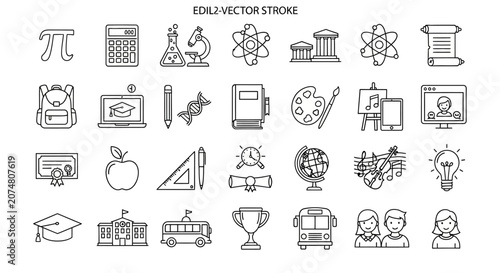 A collection of various educational and academic line art icons on white