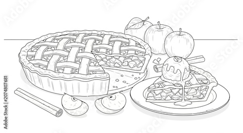 A hand drawn illustration of a fresh baked fruit pie on a table