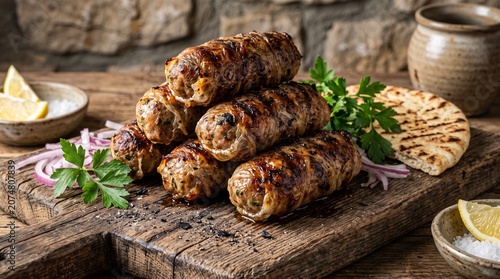 Authentic Cypriot Sheftalia Sausages on Wooden Platter