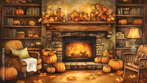 Cozy Autumn Fireplace Mantle Decor with Pumpkins and Falling Leaves in Warm Rustic Room  commercial stock asset for creative projects authentic lifestyle branding visual