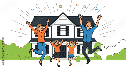 Photos Happy family jumping in front of their new house celebrating property purchase o