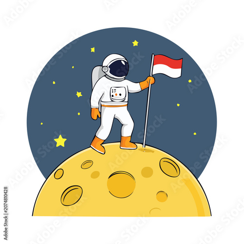 Astronaut holding flag on moon illustration