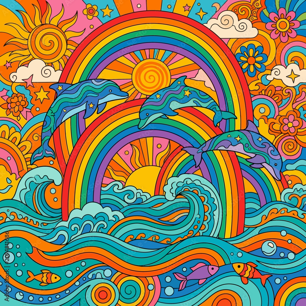 Fototapeta premium Psychedelic Rainbow Dolphins Ocean Waves Sun