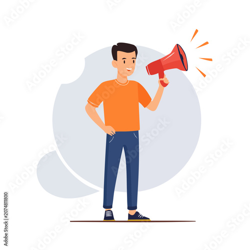 Man holding megaphone, flat vector illustration