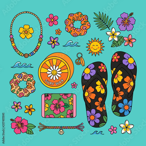 Retro Summer Vibes: Flowers, Flip-Flops, Surf Wax, and Beach Accessories