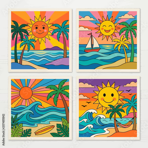 Retro Summer Vibes: Smiling Sun, Tropical Beach, Palm Trees & Ocean Waves