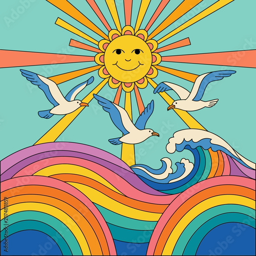 Retro Sun, Seagulls, and Colorful Ocean Waves Illustration