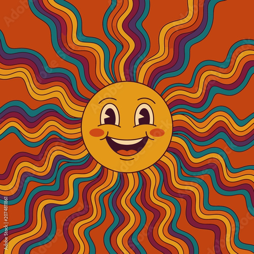 Retro Sun Character with Wavy Rays, Psychedelic 70s Style