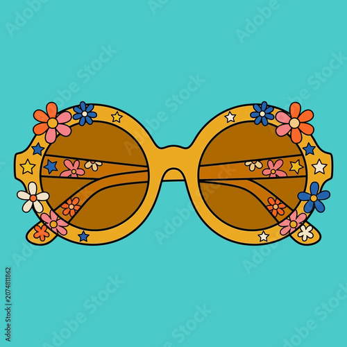 Retro Sunglasses with Flowers and Stars on Blue Background