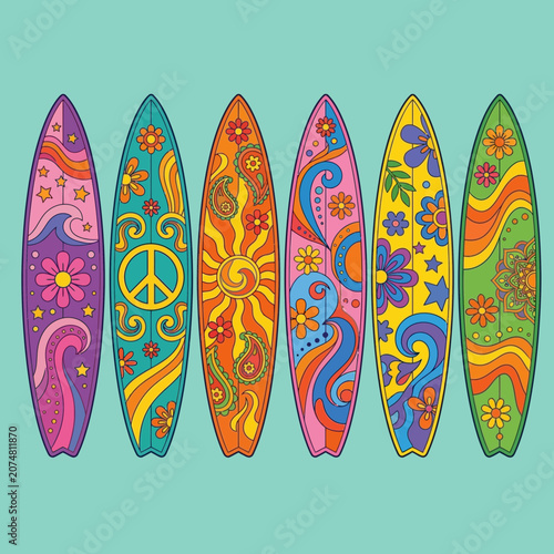 Retro Surfboards Set, Psychedelic Art, Colorful Background