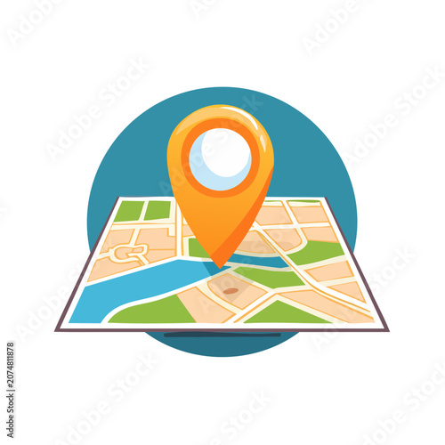 Orange map pin on flat vector map illustration