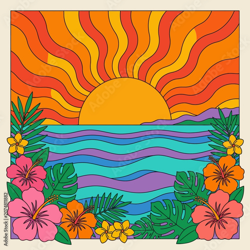 Retro Sunset Beach Art: Tropical Flowers, Waves, and Sun Rays