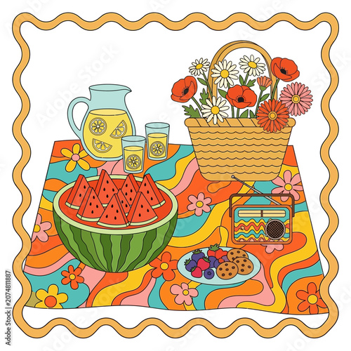 Summer Picnic Vibrant Retro Style, Watermelon, Flowers, Lemonade, Retro Radio
