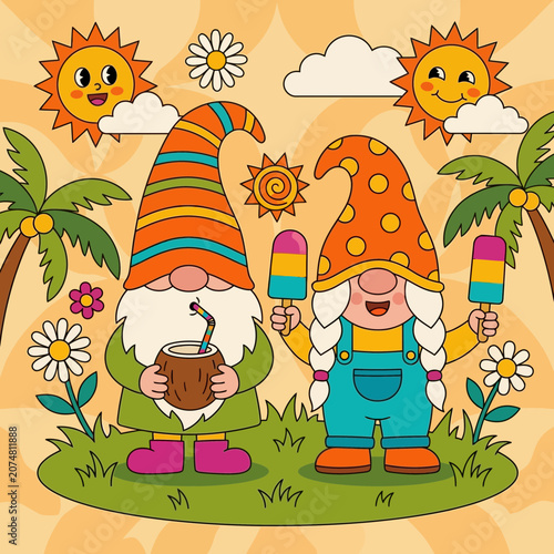 Summer gnomes with ice cream and coconut drink