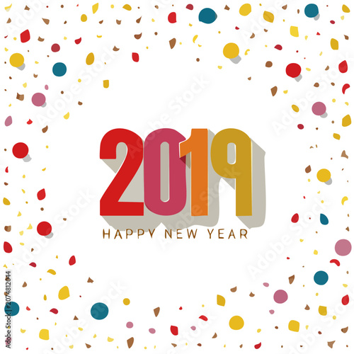 2019 Happy New Year Vector Illustration with Confetti