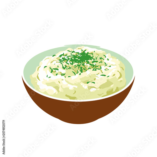 Bowl of mashed potatoes with green garnish vector illustration