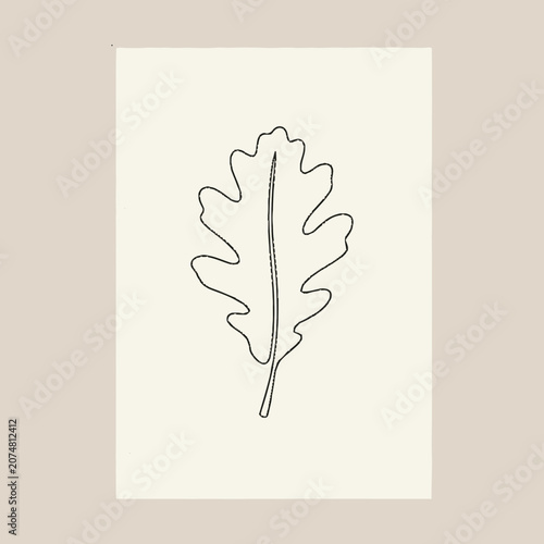Minimalist Oak Leaf Outline Drawing on Beige Background