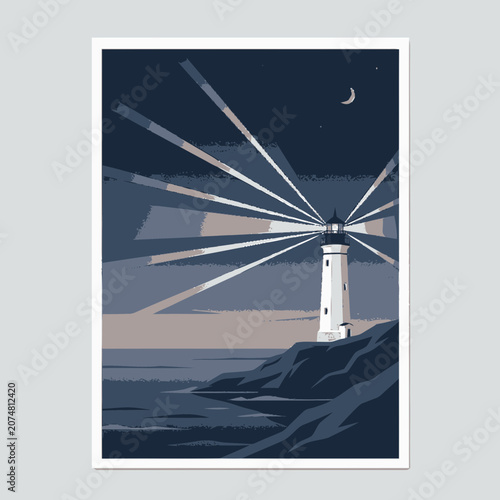 Pixel Art Lighthouse Beacon at Night with Crescent Moon and Sea Cliffs